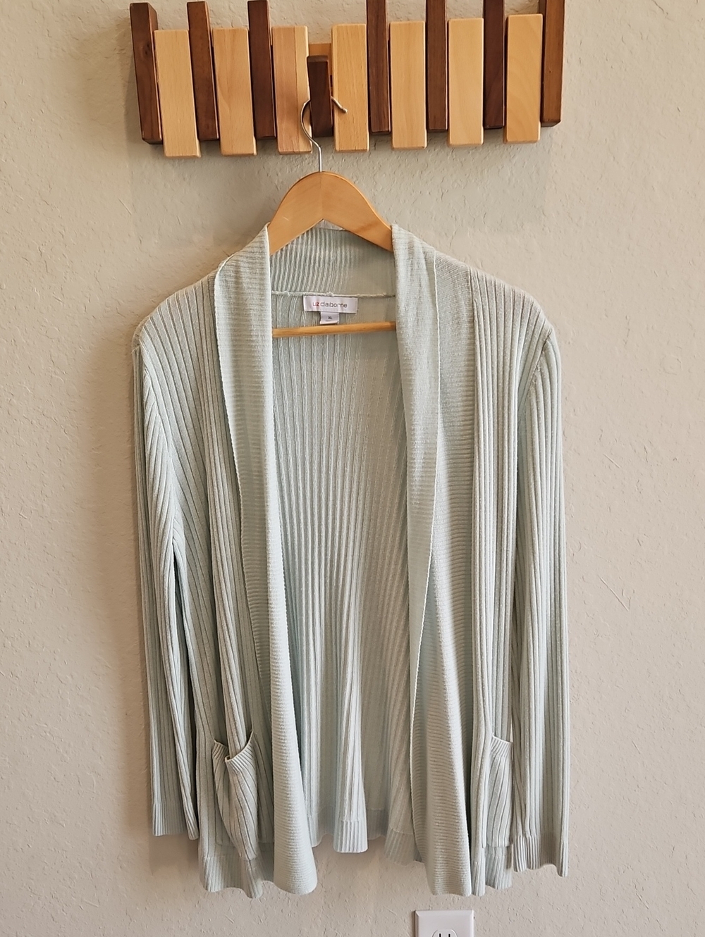 Liz Claiborne Light Sage Green Ribbed Open Front Cardigan